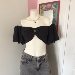 Wild Fable Black Puff Sleeve Ruched Crop Top